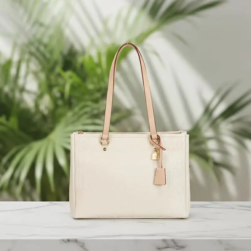 CH Women Anti Collision Embossed Tote Bag Contrast Handle Lock Charm Zipper Closure Business Vacation Shopping Commute