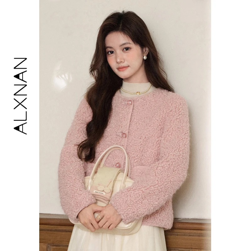 

LXNAN Women's Short Coat Lamb Wool Horn Buttons Loose Fit Round Neck Jacket Autumn Winter New Warm Commuting Female Tops L58533