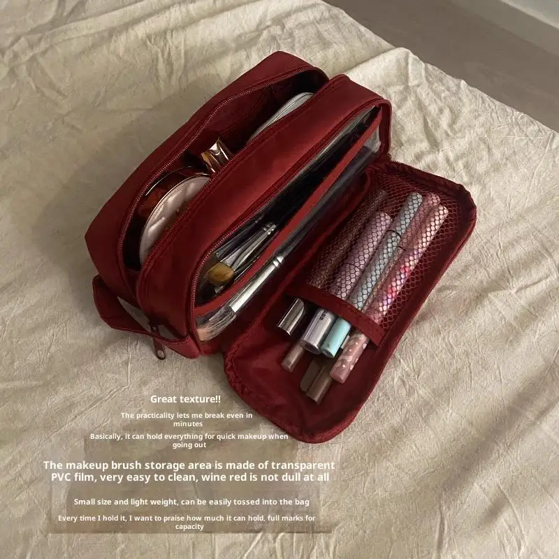 Doppelschichtige Kosmetiktasche Reise-Make-up-Organizer Große Kapazität Toilettenartikel-Tasche Multifunktionales Federmäppchen Pinselhalter – Detail 3