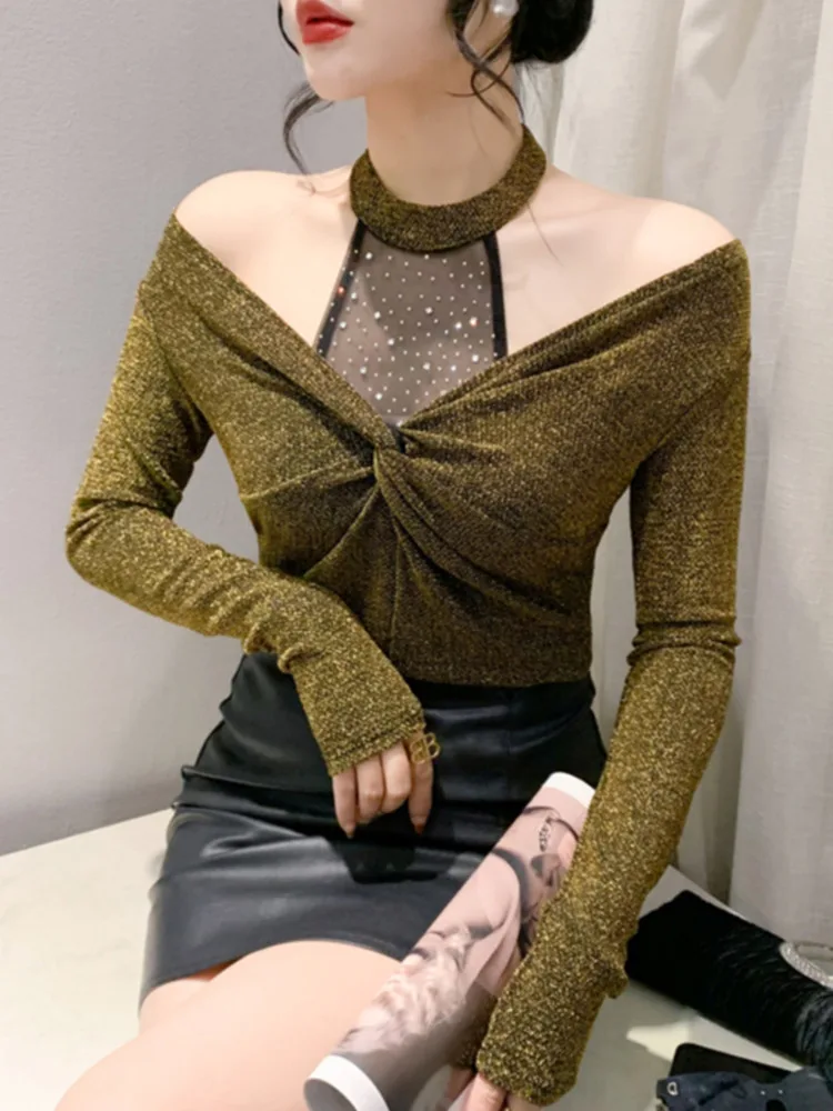 #7009 Spring Black Red Gold Shinny Off Shoulder T Shirt Women Split Joint Mesh Skinny Wrap Women's T-shirt Halter Neck Sexy