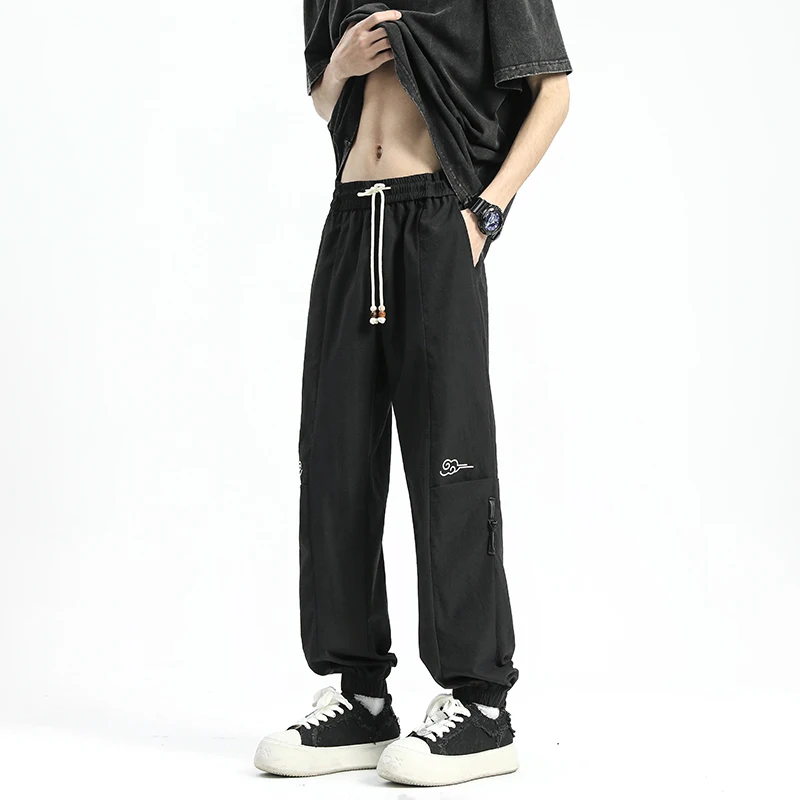 Men's Clothing Embroidered Geometric Pockets Drawstring Elastic High Waisted Trousers Bloomers Cargo Spring Autumn Retro Pants