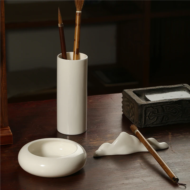 Mutton Fat Jade Ceramic Chinese Calligraphy Set, White Porcelain Brush Holder, Pen Container for Watercolor Ink Painting, School