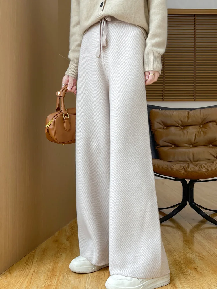 100% メリノウール レディース ワイドレッグ ルーズ 秋冬 厚手 カジュアル ファッション ニット カシミヤパンツ
