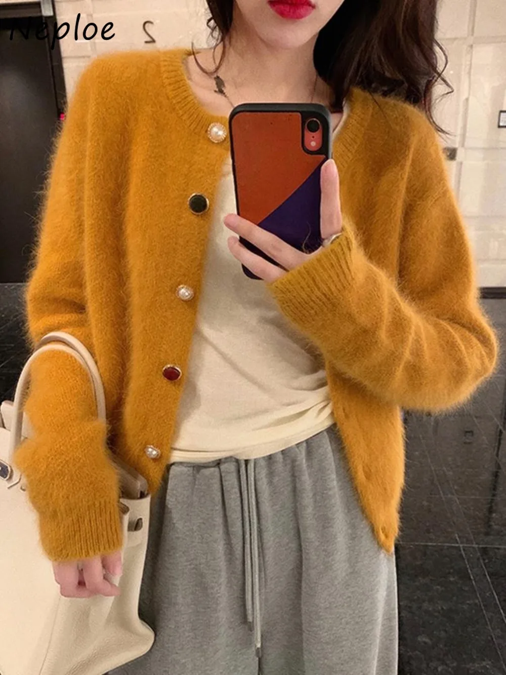 Neploe Loose Warm Thicked Korea Y2K Pull Femme Office Lady Fluffy Knit Cardigan Exquisite All-match French Style Elegant Knitted