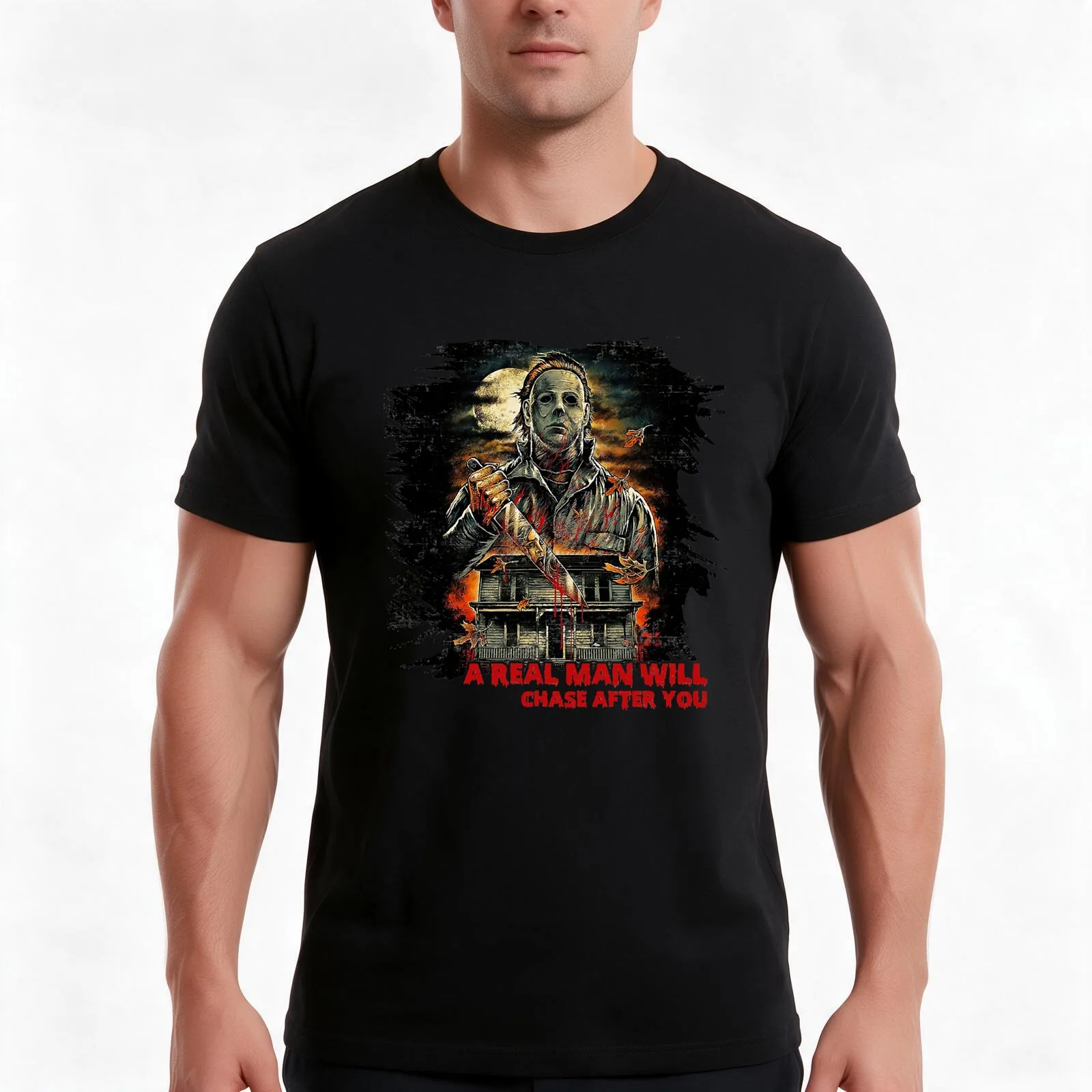 Vintage Real Man Will Chase After You Halloween Character T-Shirt, Summer Casual Cotton Tee, Oversized Streetwear Tops