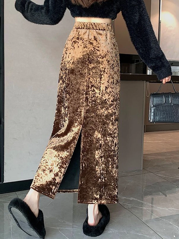 

Осень-зима бархатные черные длинные юбки женские с высокой эластичной талией средней длины корейская мода Y2k одежда тонкая элегантная юбка-миди