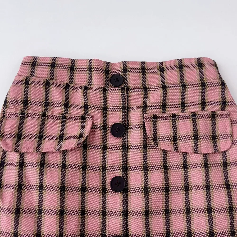 Bear Leader Kids Clothes Girls Pink Checkered Short Skirt+Black Half Neck Top+Hat Autumn New Three Piece Set Children\'s Clothing