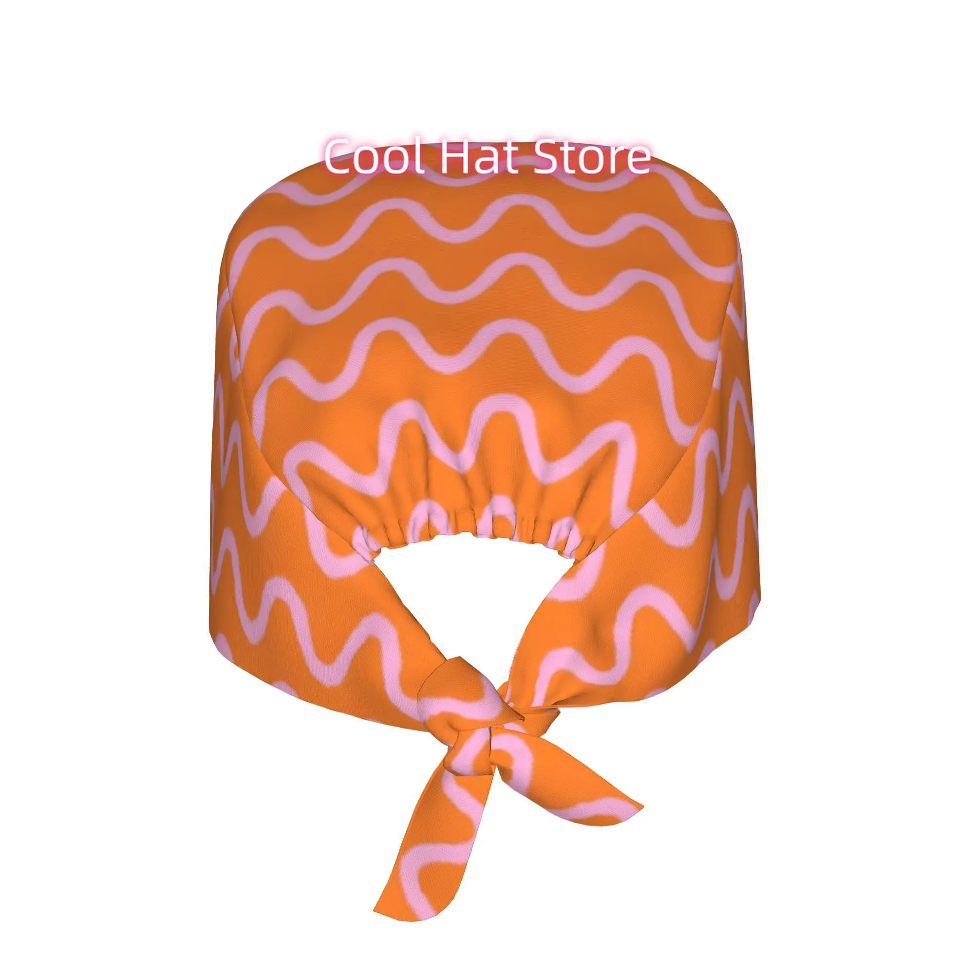 Wiggly Wavy Lines in Pink on Orange Unisex Work Cap Adjustable Lightweight with Lace Up Desig Dust Proof Suitable for Nurses And