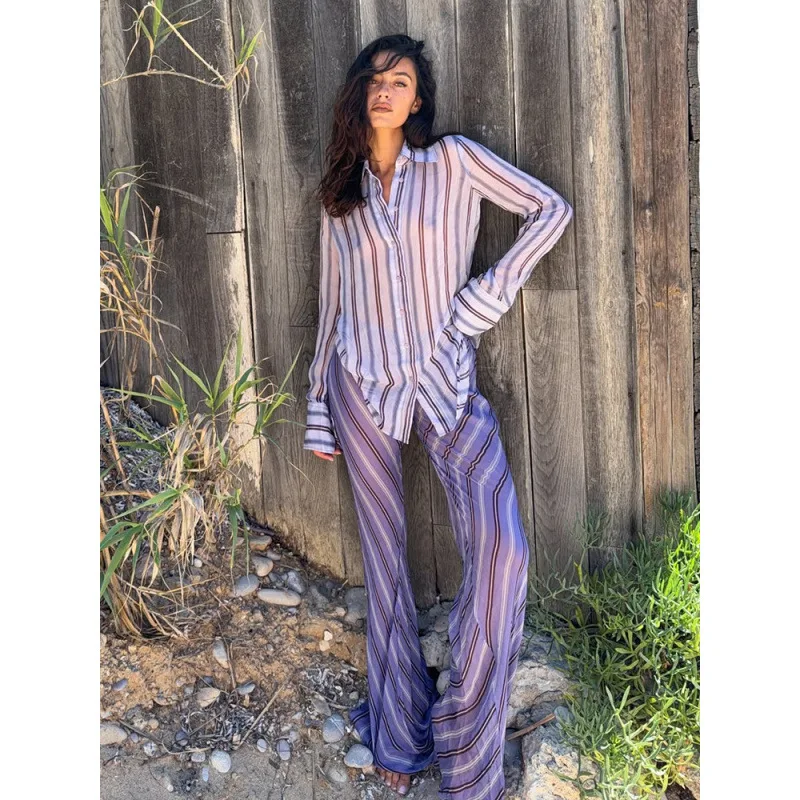 THRUM See-through Stripe Semi-Sheer Two-Piece Set Lapel Long Sleeve Button Shirt Loose Wide-leg Pant 2026 Lady Casual Outfit