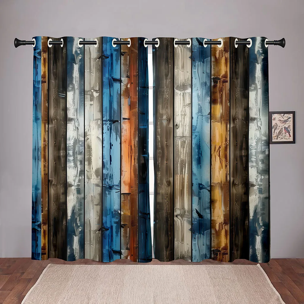 2 Piece Vintage Wood Grain Curtains Blue Gold Colorful Wood Plank Living Room Bedroom Farm Window Decorative Curtains