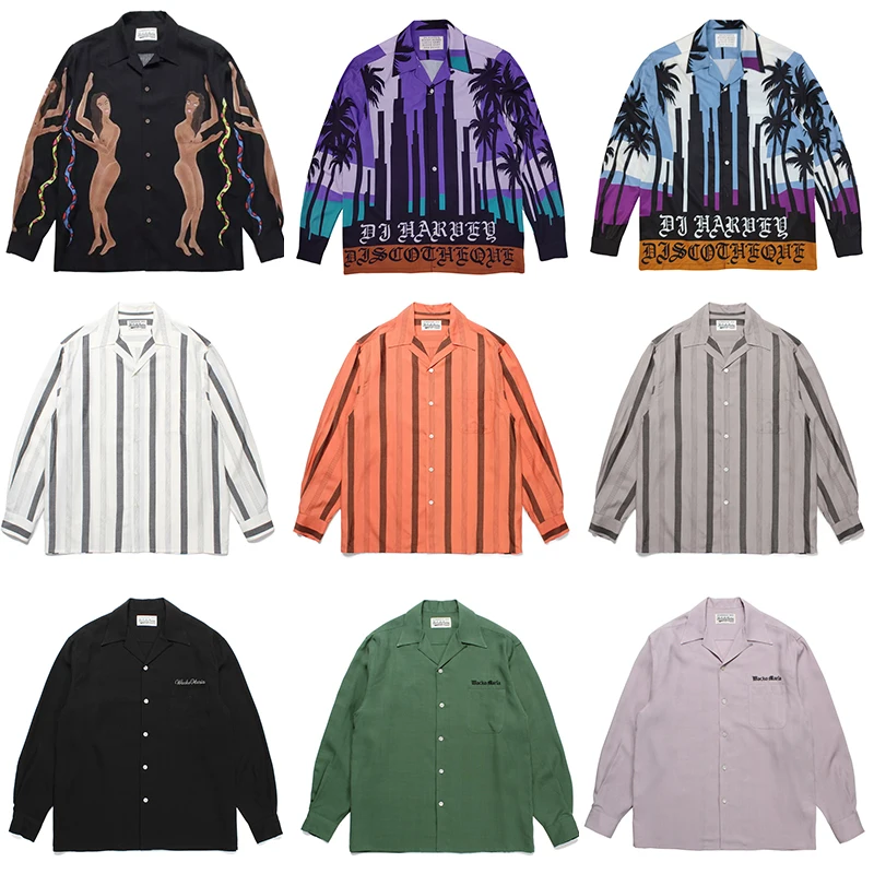 

WACKO MARIA Solid Color Embroidered Heaven Tokyo Coconut Dancing with Snakes Hawaiian Rayon Long Sleeve Shirt