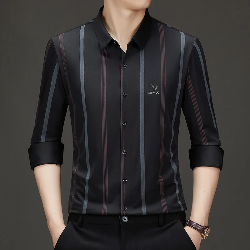 C740 Polyester 87%,Elastane 13% Shirts For Men Long Sleeve Print Autumn Quality Softness Stretchy Wrinkle-Free Camisas De Hombre