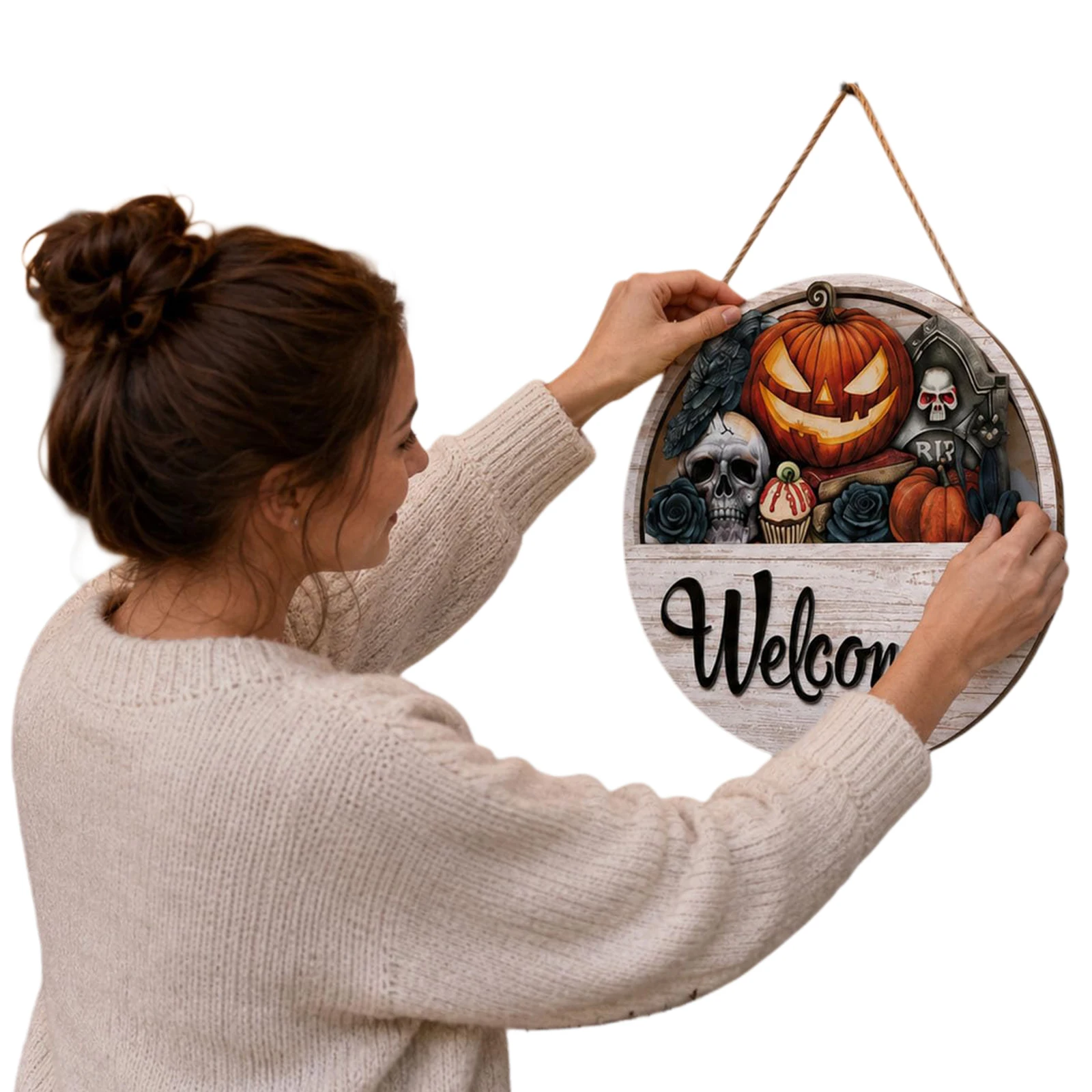 16-Piece Interchangeable Welcome Sign Front Door Decor Rustic Round Wood Seasonal Hanging Sign