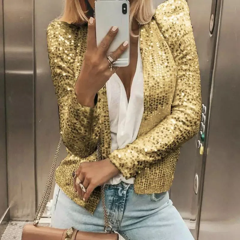 Women Glitter Sequin Sparkle Jacket Shiny Long Sleeve Zip Blazer Halloween Party Club Crop Blazer