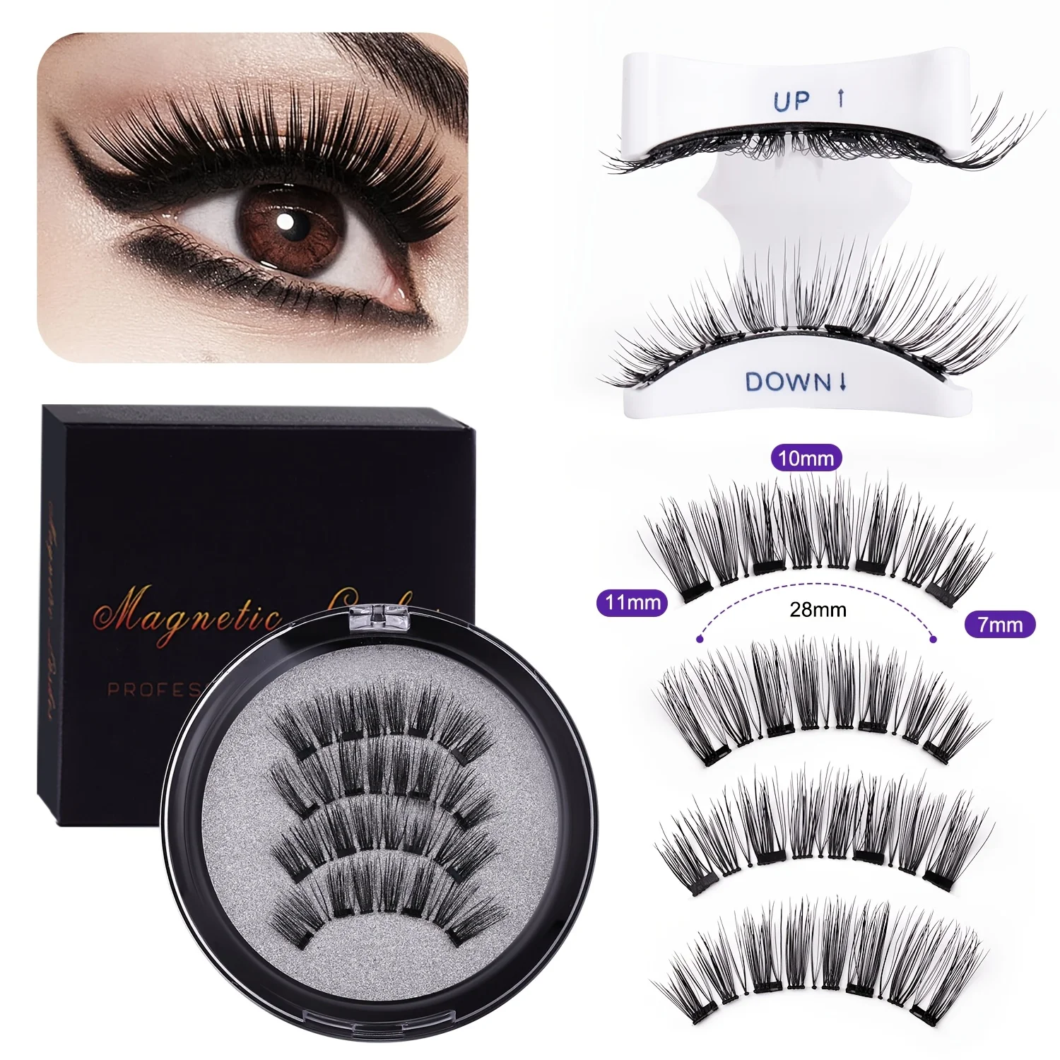 5Pcs Magnetic Lash Set, 8X Magnet, No Glue, Reusable, Applicator, Alcohol-Free, Easy Use, 4 Lashes+1 Tool