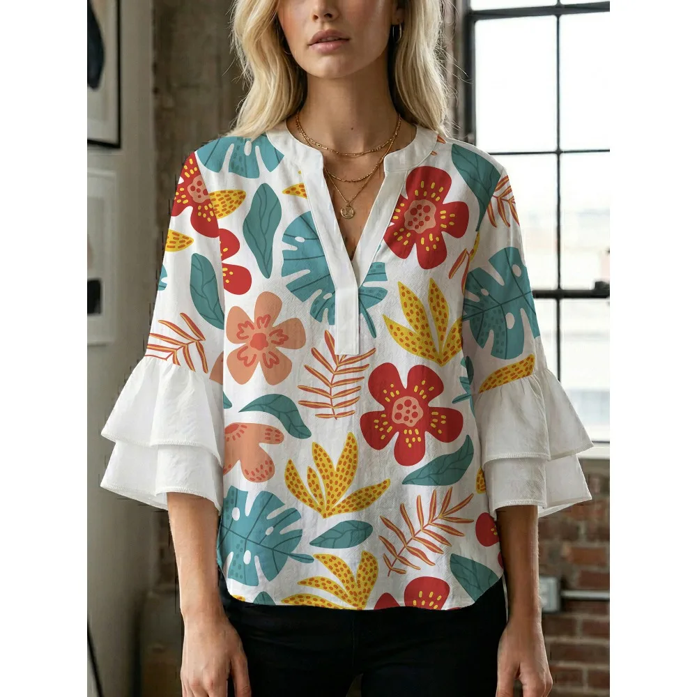 Women Multiple Colors  Mushroom Leaf Print Notched V Neck Flare 3/4 Sleeve Blouse Casual Loose Chiffon Shirt for Office Business