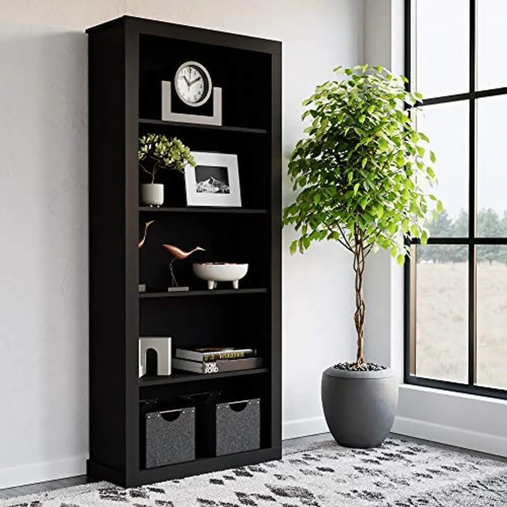 

Contemporary Rustic Bookcase Organizer Adjustable Shelves Sturdy 5-Shelf Unit Home Office Bedroom Black 31.5"x12.8"x72.8