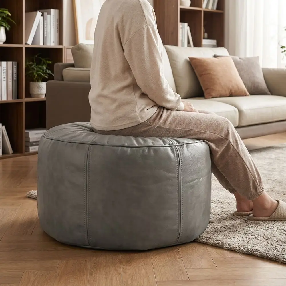 Housse de pouf ronde antidérapante en cuir PU, grande capacité, douce, non rembourrée, amovible, pour canapé paresseux d'angle