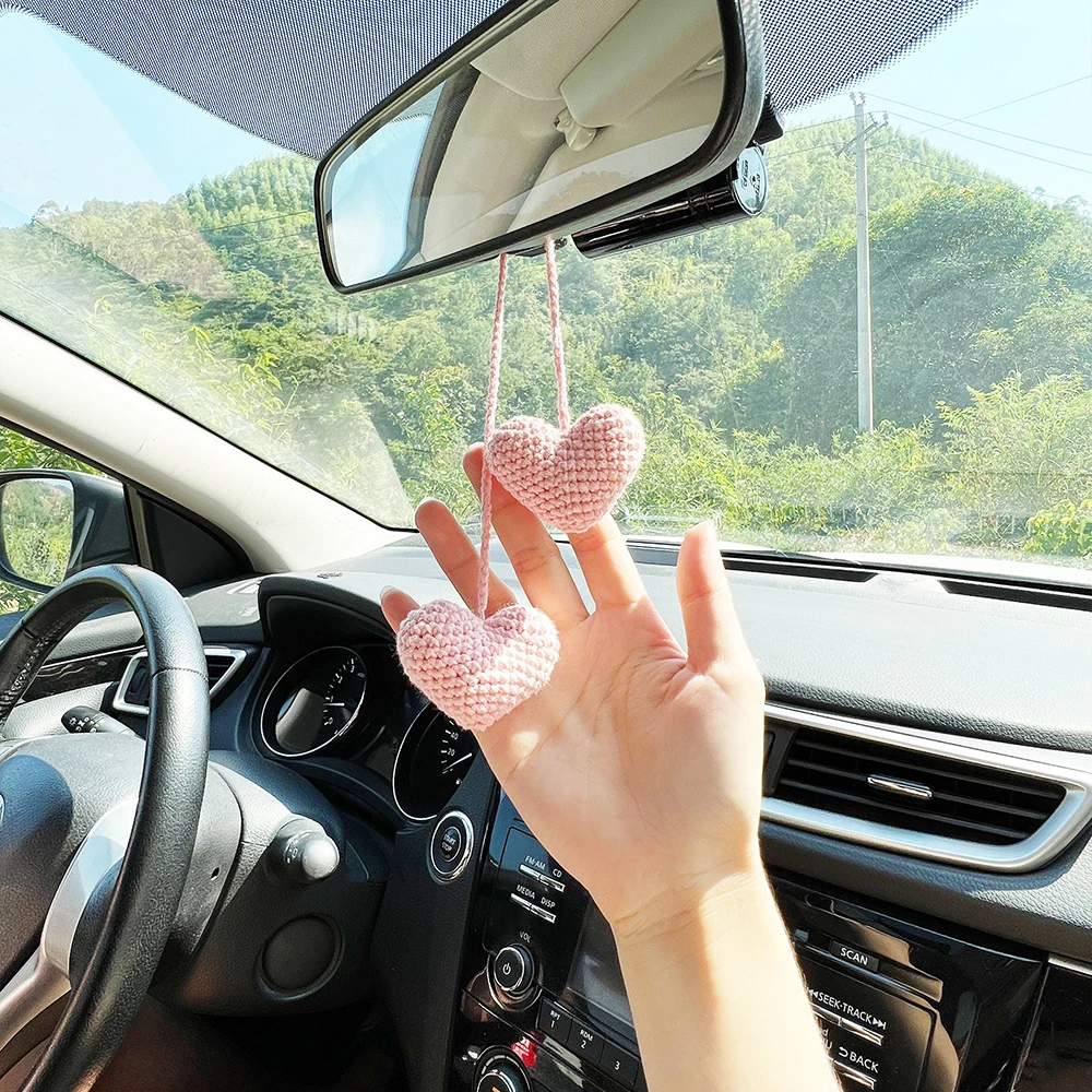 Heart Car Rear View Mirror Accessory Styling Crochet Red Pink Heart Hanging Decor Gadgets Interior Accessories For Women