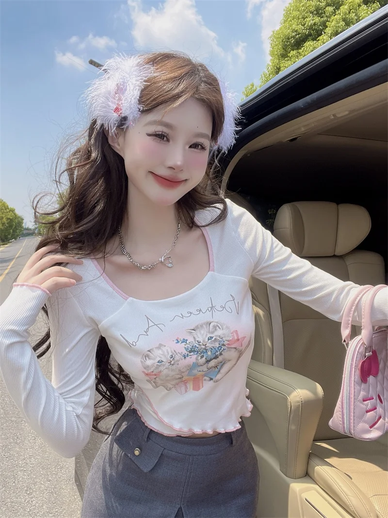 Sweet  Print Long Sleeve T-Shirt Women's Autumn Waist-Cinching Top Korean Style Commute Fashion Regular Fit Short Length