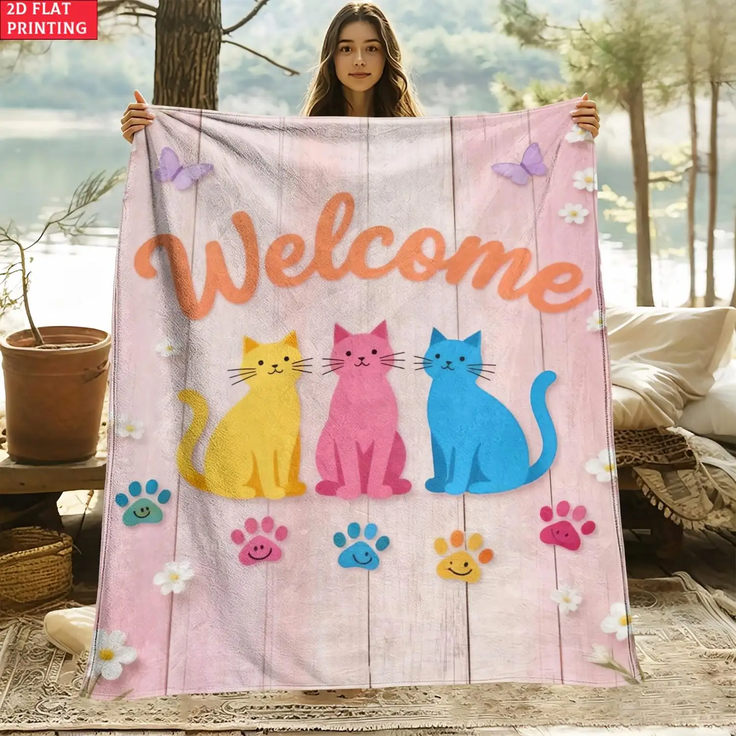 Retro Cartoon Cats Pattern Throw Blanket Cute Kitten Kitchen Breakfast Dinner Theme Print Decorative Couch Bed Blanket