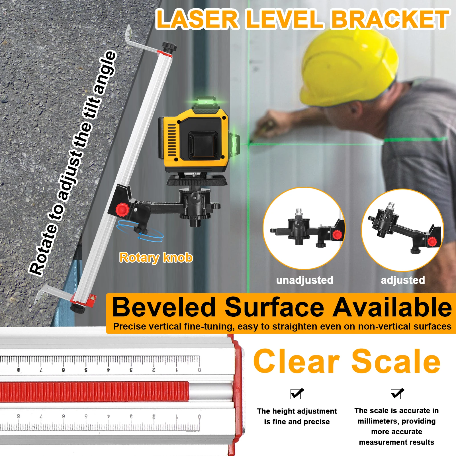 Stable Mounting Aluminum Alloy Construction Adjustable Laser Level Bracket Laser Level with 1/4inch to 5/8inch Screw Adapter