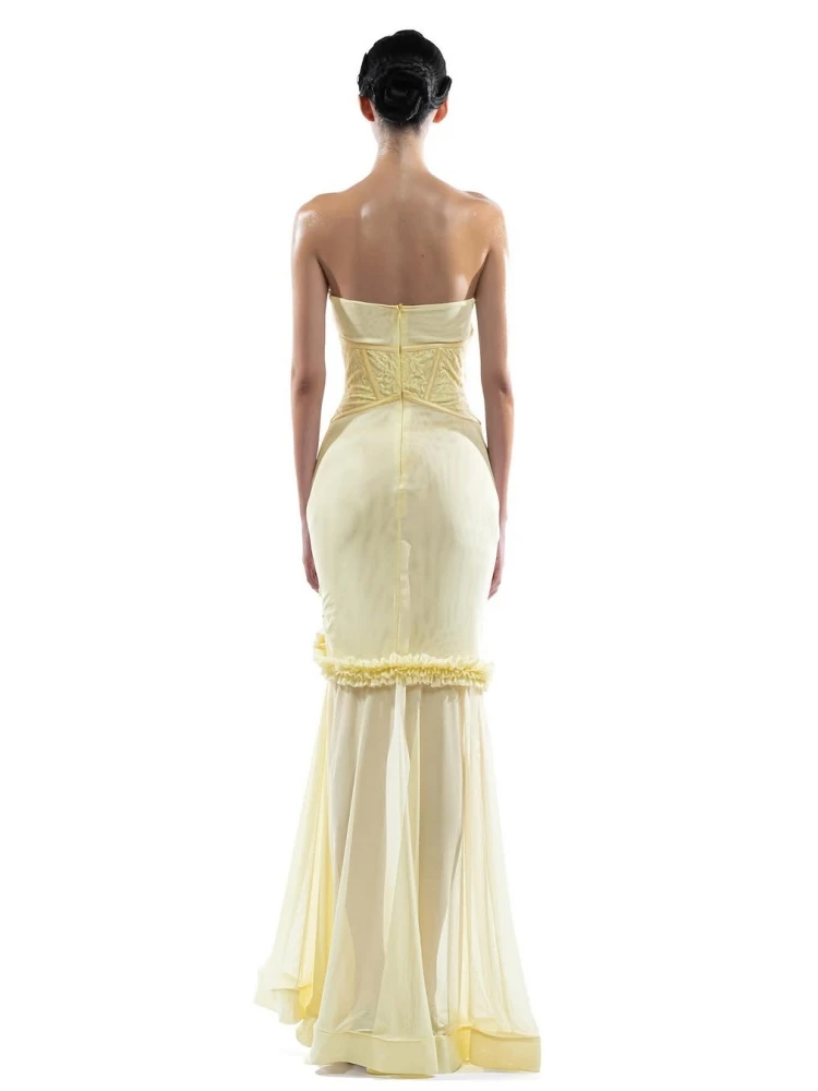 Sexy Strapless Flower Ruffles Patchwork Mesh Long Dress Women Sleeveless Lace-up Hollow Out Slim Dresses Evening Party Cocktail