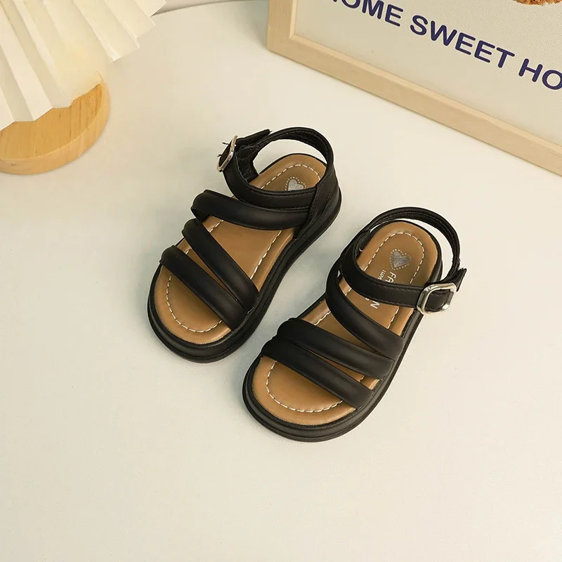 

Summer Children's Roman Sandals Solid Color Causal Non-slip Girl Sandals Fashion Kids Versatile School Open-toe Sandals Black