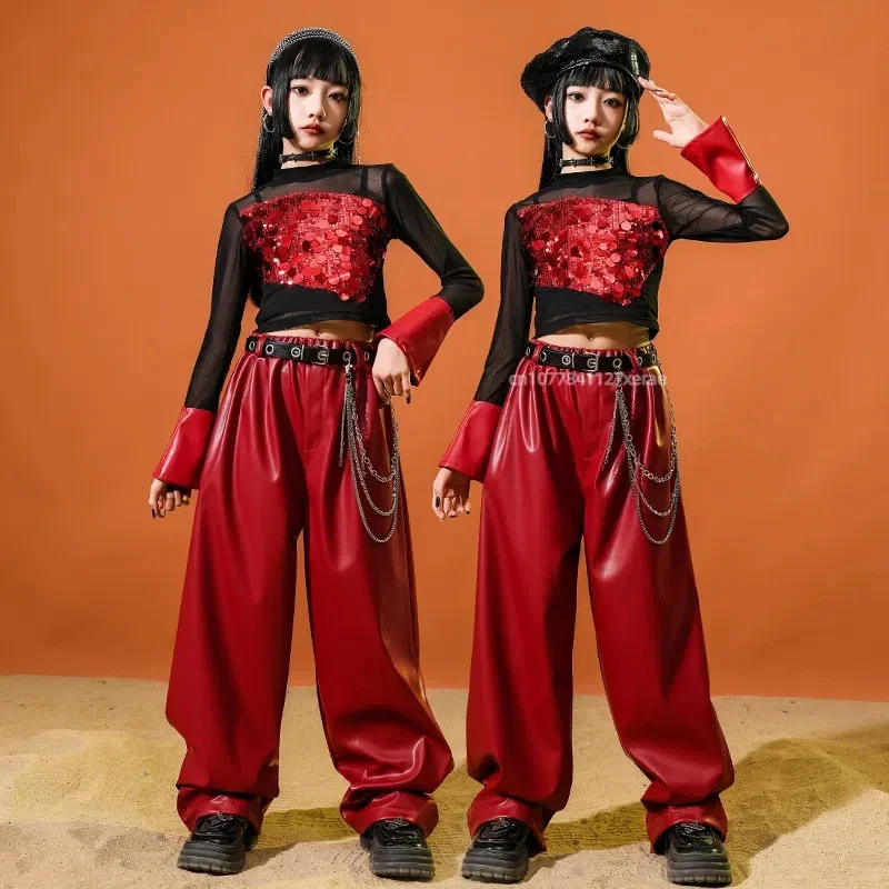 

Одежда для джазовых танцев для девочек с комплектом красных блесток с открытым пупком, модный детский джазовый костюм для уличных танцев