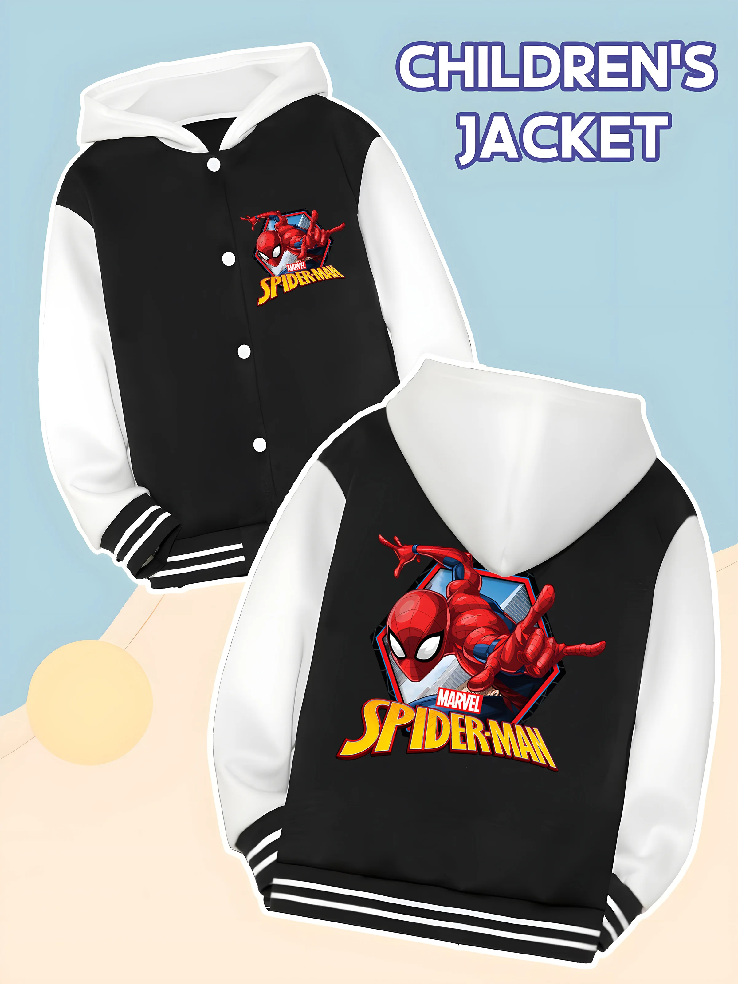 

MINISO Marvel Boys' Baseball hooded Jacket - Spider-Man 3D Double-Sided Pattern, Soft Fabric