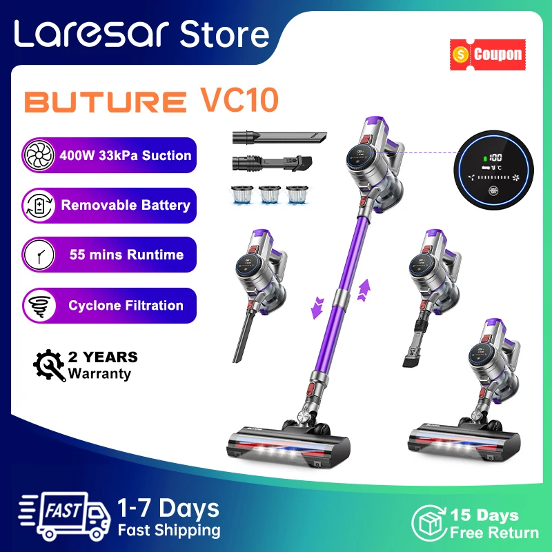 Buture VC10 Cordless Vacuum Cleaner 400W 33kPa 55mins Powerful Suction Wireless Upright Vertical, Home Floor Carpet Car Cleaning