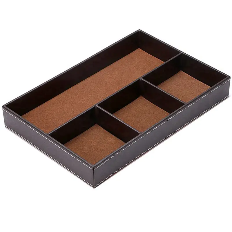 2x 4スロットデスク引き出しオーガナイザー、PUレザー引き出し収納オーガナイザーディバイダー (ブラウン & ブラック)