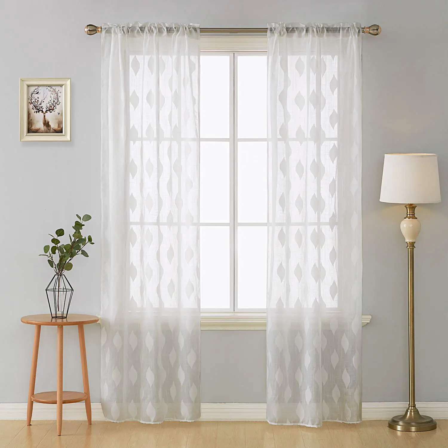 Deconovo Set of 2 Panels Faux Linen Jacquard Cutout Sheer Curtains with Diamond Leaf Pattern, Rod Pocket Window Drapes, 2.5+7 Header, No Tiebacks