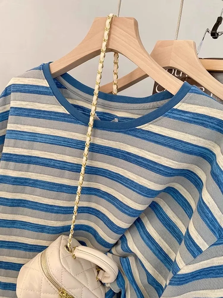 루즈핏 여성용 스트라이프 여름 디자인 감각적인 코튼 캐주얼 라운드넥 탑