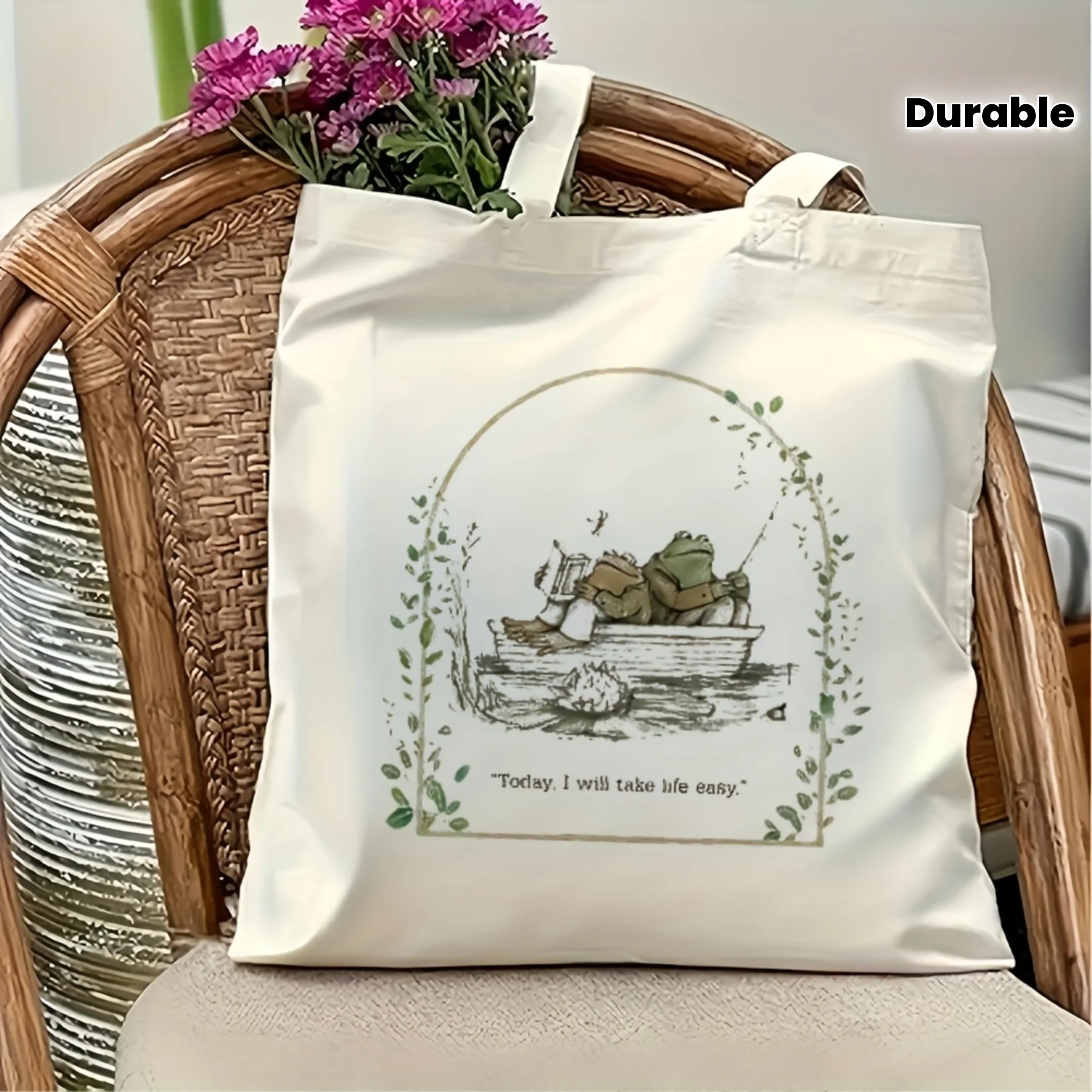 A Retro Artistic Frogs and Toads print canvas tote bag, suitable for daily use, shopping, school, and travel