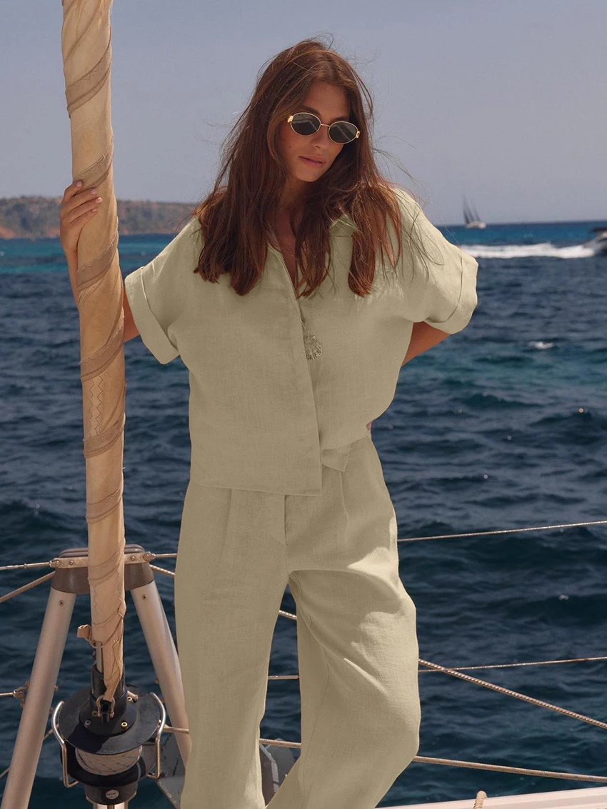 Marthaqiqi Summer Ladies Pajamas Set Short Sleeve Nightgown Turn-Down Collar Nightwear Pants Casual Cotton Female Sleepwear Suit
