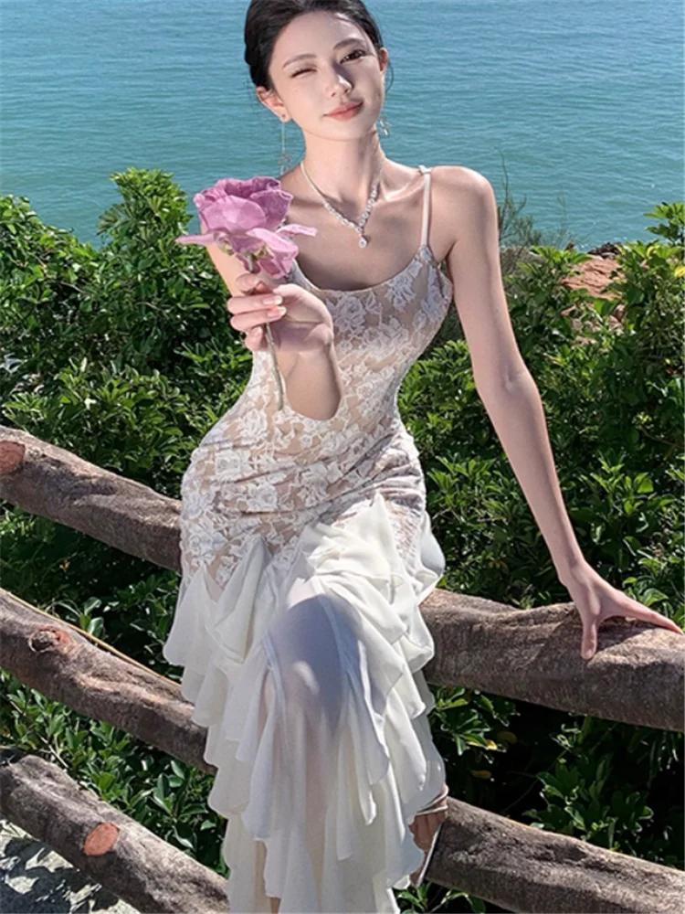 프랑스 우아한 러플 밑단 머메이드 롱 이브닝 파티 드레스 여름 레이스 화려한 슬래시 넥 백리스 스플릿 타이트 칵테일 드레스