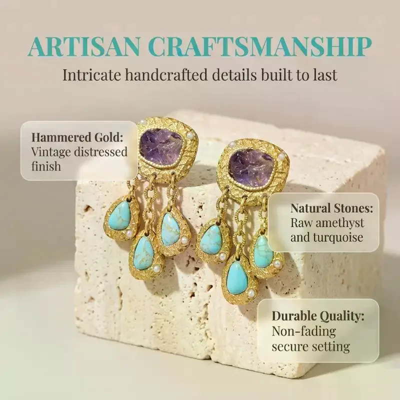 Golden Water Drop Earrings Purple Crystal Turquoise Inlay Bohemian Jewelry Gift for Girlfriend Wife