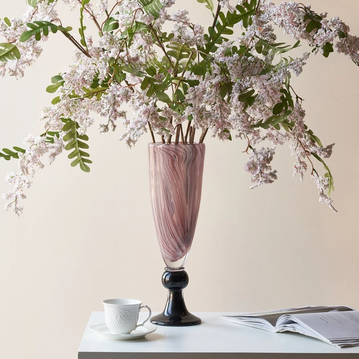 High-End Marbled Goblet Glass Flower Vase French Style For Real & Artificial Floral Arrangement Home Decor