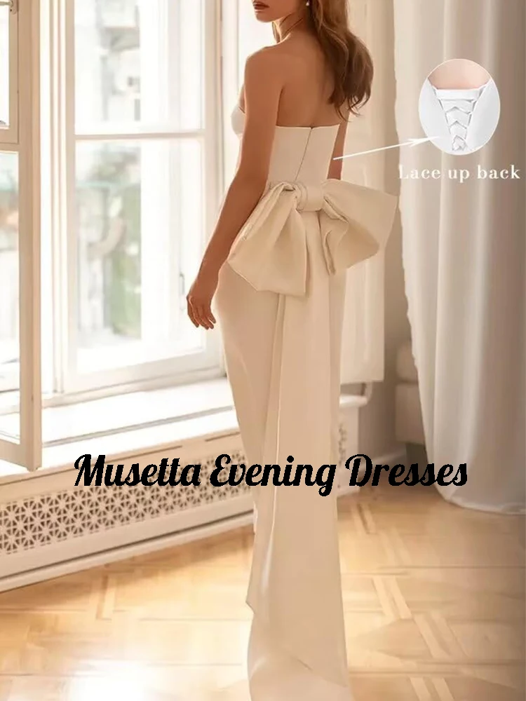 Musetta Ivory Satin Wedding Dress Strapless Split Tea-Length Bridal Gowns Back Bows Lace Up Robe De Mariée Custom Made Plus Size