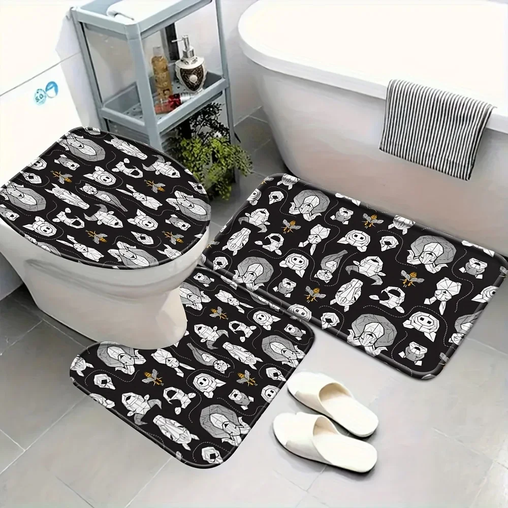 

3-х предметный набор ковриков для ванной комнаты, сиденье для унитаза, коврик для унитаза, коврик для ванны, дружелюбные геометрические фермерские животные, черный фон, черный цвет