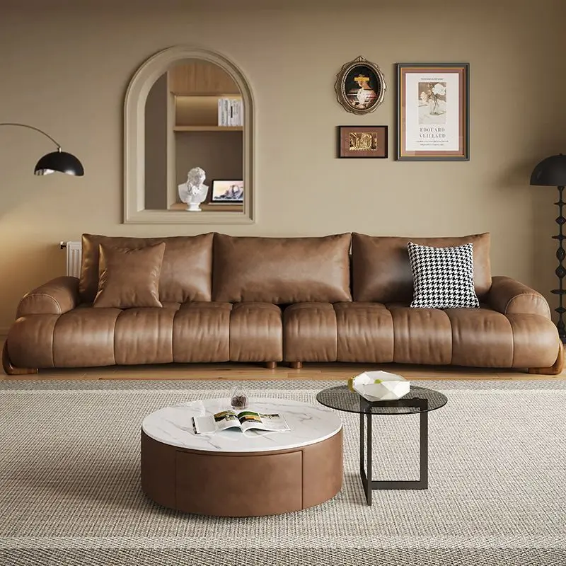 Italian minimalist curved leather sofa retro style modern simple living room first layer cowhide straight row