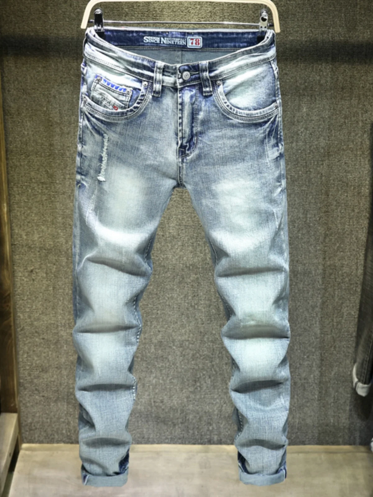 

Spring Autumn Men's Slim Fit Blue Jeans Tear Hole Faionable Retro Brand Casual Straight Leg Cotton Stretch Denim Pants