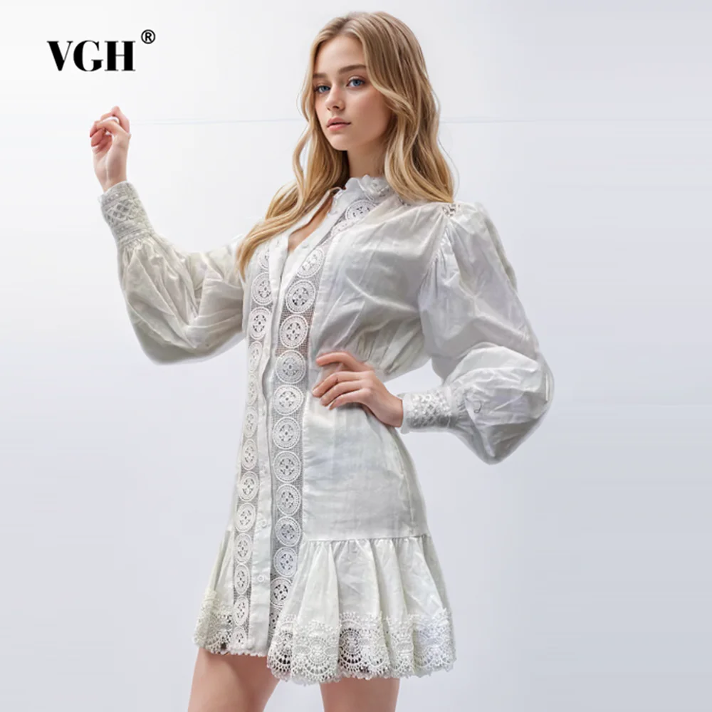 VGH Solid Hollow Out Embroidery Dress For Women Stand Collar Lantern Sleeve High Waist Spliced Single Breasted Dresses Female