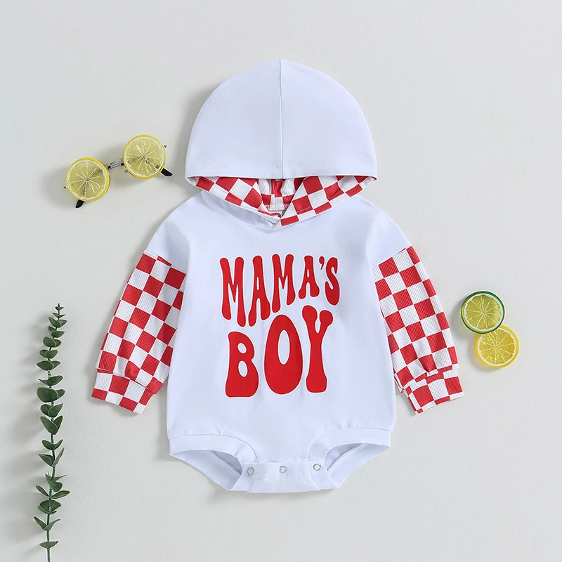 

Newborn Baby Boy Clothes Infant Mama s Boy Long Sleeve Hooded Romper Bodysuit Plaid Patchwork Outfits