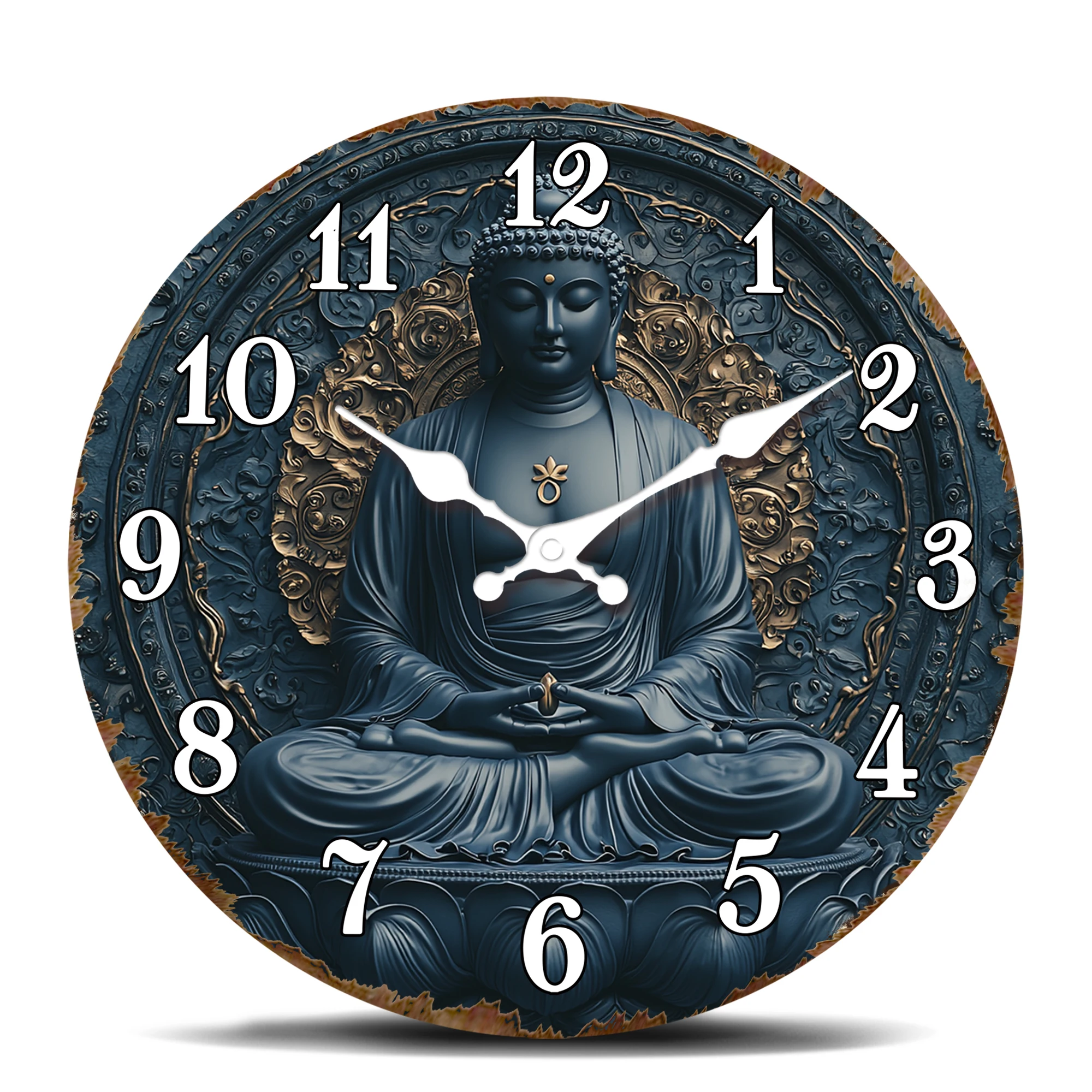 Horloge murale ronde avec statue de Bouddha sereine, horloge décorative de la philosophie orientale méditative, horloge spirituelle pour le yoga et la méditation