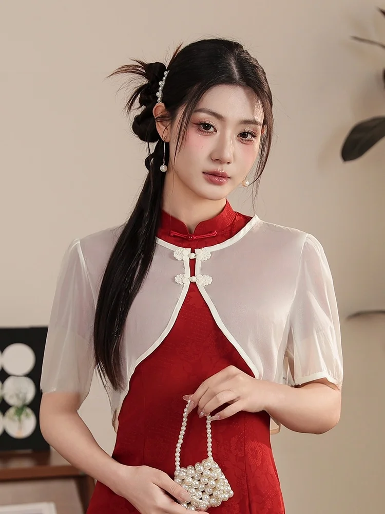 

New Chinese Style Short round Neck Shawl Coat Women's Outerwear Summer Thin Gauze Jacket Vintage Elegance Five Sleeve Length