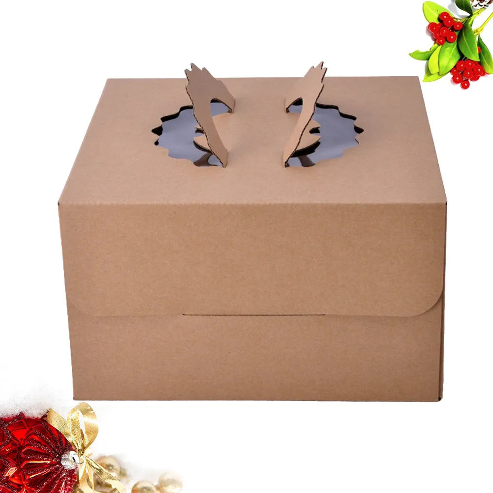 

1pc Kraft Paper Cake Box 12 Inch Square Single Layer With Handle Bakery Packaging For Dessert Shop Home Use Cake Packaging