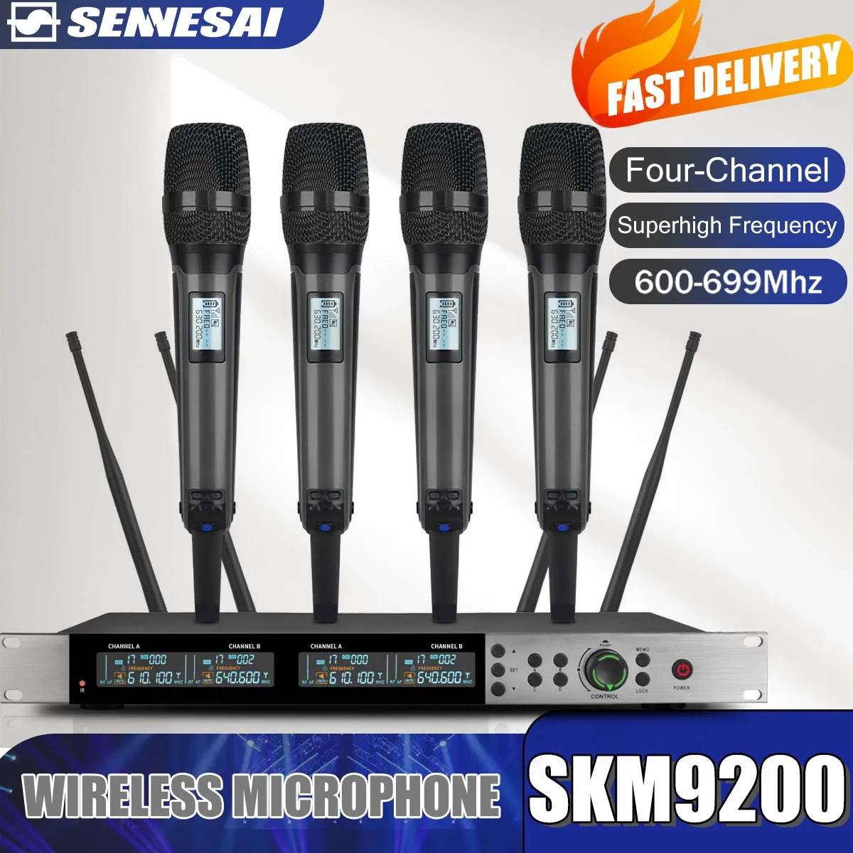 SKM9200/9000 Wireless Microphone (Whole Metal)  4 Channels UHF Professional Mic Dynamic Handheld For Party Karaoke Church Stage