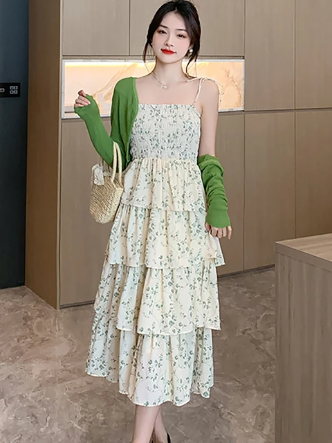 Women Fashion Floral Tierred Sexy Sling Dress Knitted Cardigan Two Piece Sets 2024 Summer Korean Elegant Chic Luxury Dress Sets AliExpress